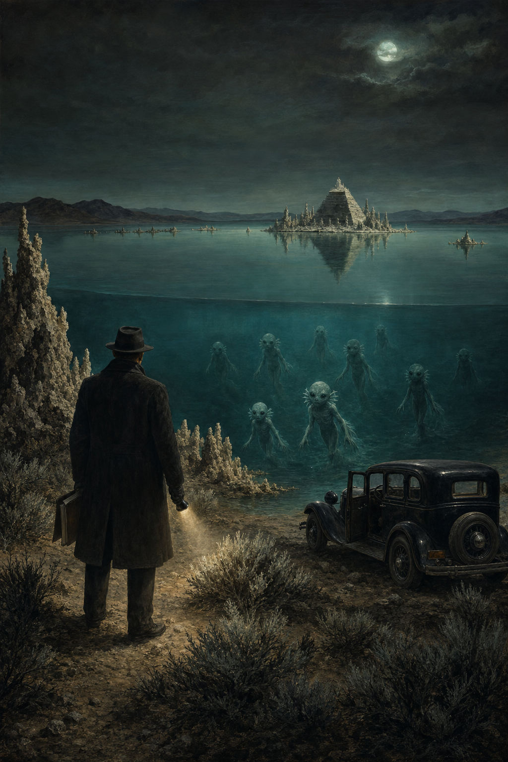 A 1930s detective watches pale amphibious figures rise beneath Pyramid Lake.