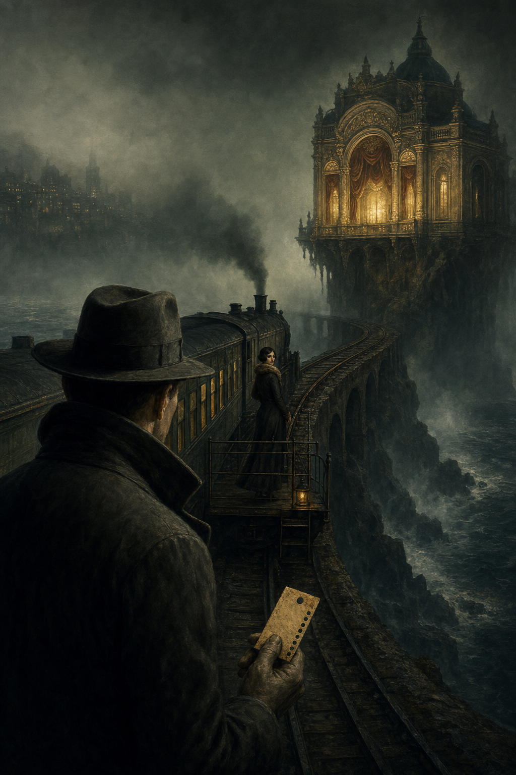 The Last Audience cover: a detective watches Cecily Harrow ride a coastal train toward an impossible theater.