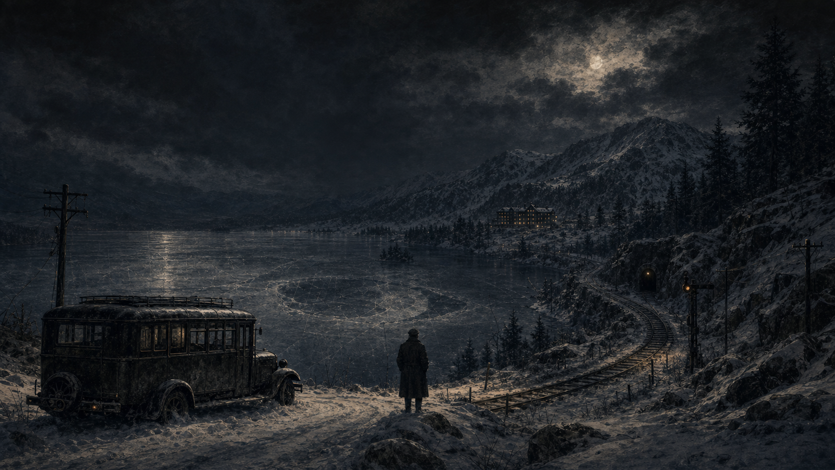 A lone 1930 traveler overlooks frozen Donner Lake, a stranded motor coach, and railway tracks entering the mountain.