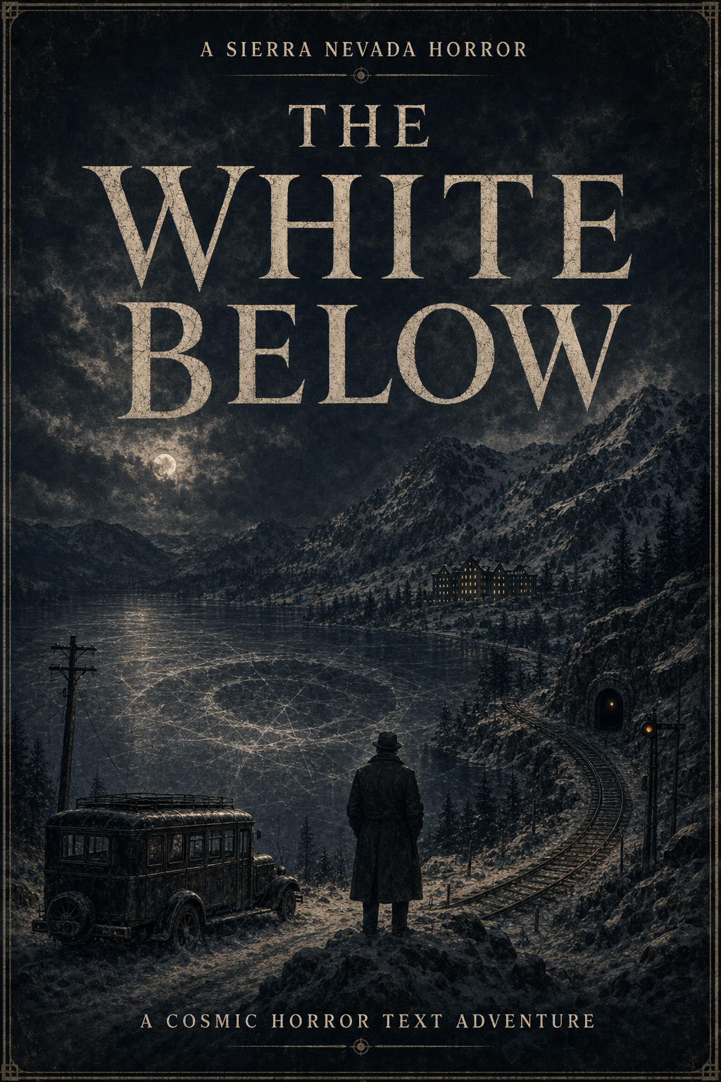 The White Below cover: a lone traveler above frozen Donner Lake as an immense pale presence rises behind the mountains.